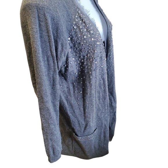 Halogen XL Gray Jem Beaded Open-Front Cardigan Sweater Pockets Wool Blend - Picture 4 of 14
